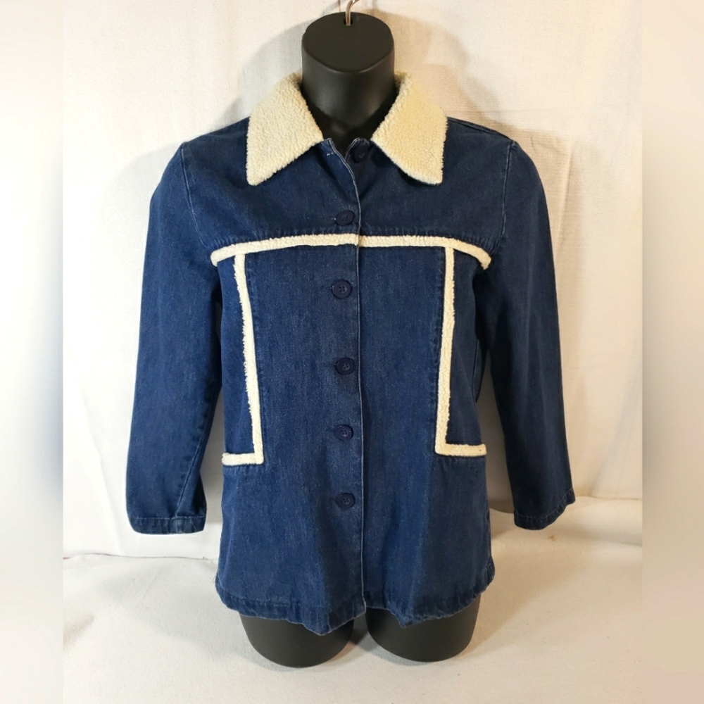 Size M Coat, Ladies 100% Cotton, Denim Blue Jean Jacket, Sherpa Collar, Preowned